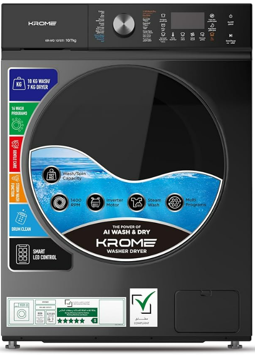 Krome KR-WD107STI 10KG Washer & 7KG Dryer Front Load Fully Automatic Washer Dryer – 1400 RPM BLDC Inverter Motor | Titanium Black