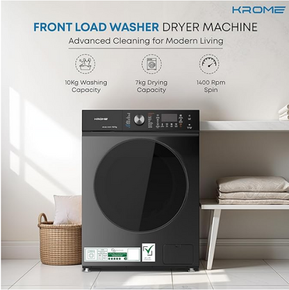 Krome KR-WD107STI 10KG Washer & 7KG Dryer Front Load Fully Automatic Washer Dryer – 1400 RPM BLDC Inverter Motor | Titanium Black
