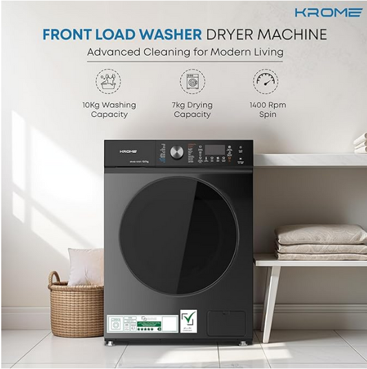 Krome KR-WD107STI 10KG Washer & 7KG Dryer Front Load Fully Automatic Washer Dryer – 1400 RPM BLDC Inverter Motor | Titanium Black
