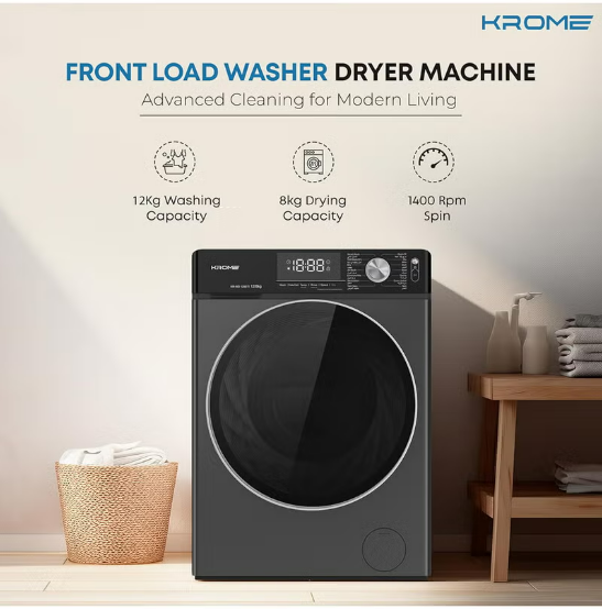 Krome KR-WD128STI 12KG Washer & 8KG Dryer Front Load Fully Automatic Washer Dryer – 1400 RPM Direct Drive Motor | Titanium Black