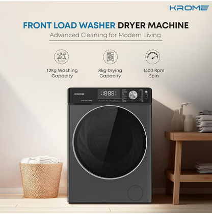Krome KR-WD128STI 12KG Washer & 8KG Dryer Front Load Fully Automatic Washer Dryer – 1400 RPM Direct Drive Motor | Titanium Black