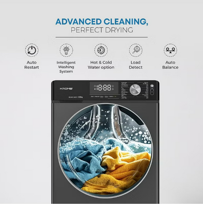 Krome KR-WD128STI 12KG Washer & 8KG Dryer Front Load Fully Automatic Washer Dryer – 1400 RPM Direct Drive Motor | Titanium Black