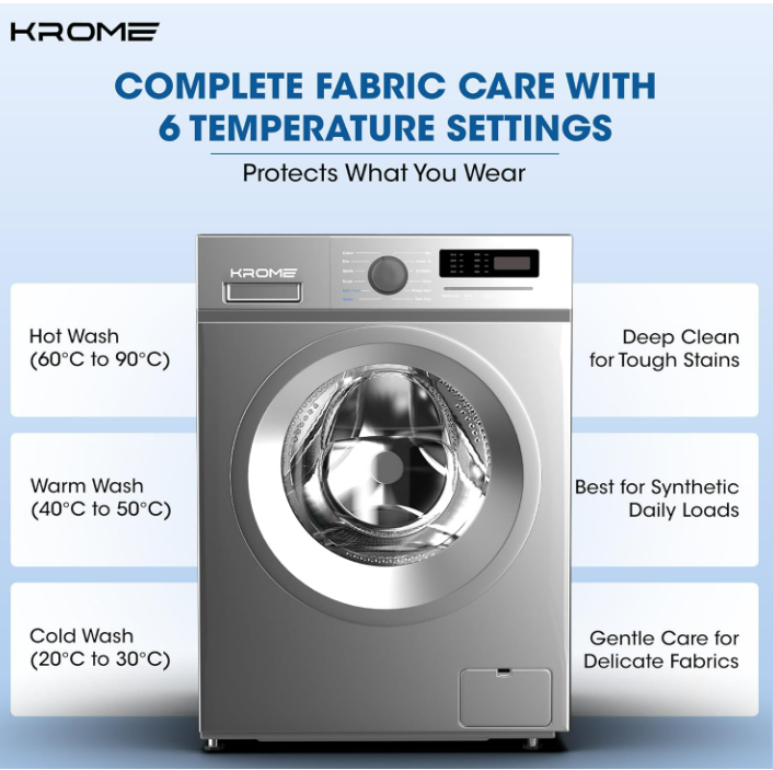 Krome KR-WFL707SIS 7KG Front Load Fully Automatic Washing Machine – 1200 RPM BLDC Inverter Motor | Titanium Silver
