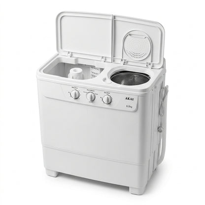 AKAI Twin Tub Washing Machine 6KG WMMA-XTT62W – Semi Automatic | Twin Tub Design | Spin Dryer | Compact Laundry Solution | White