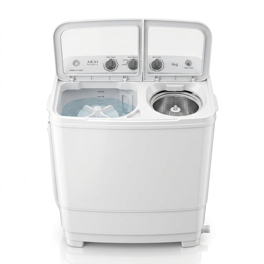 AKAI Twin Tub Washing Machine 6KG WMMA-XTT62W – Semi Automatic | Twin Tub Design | Spin Dryer | Compact Laundry Solution | White