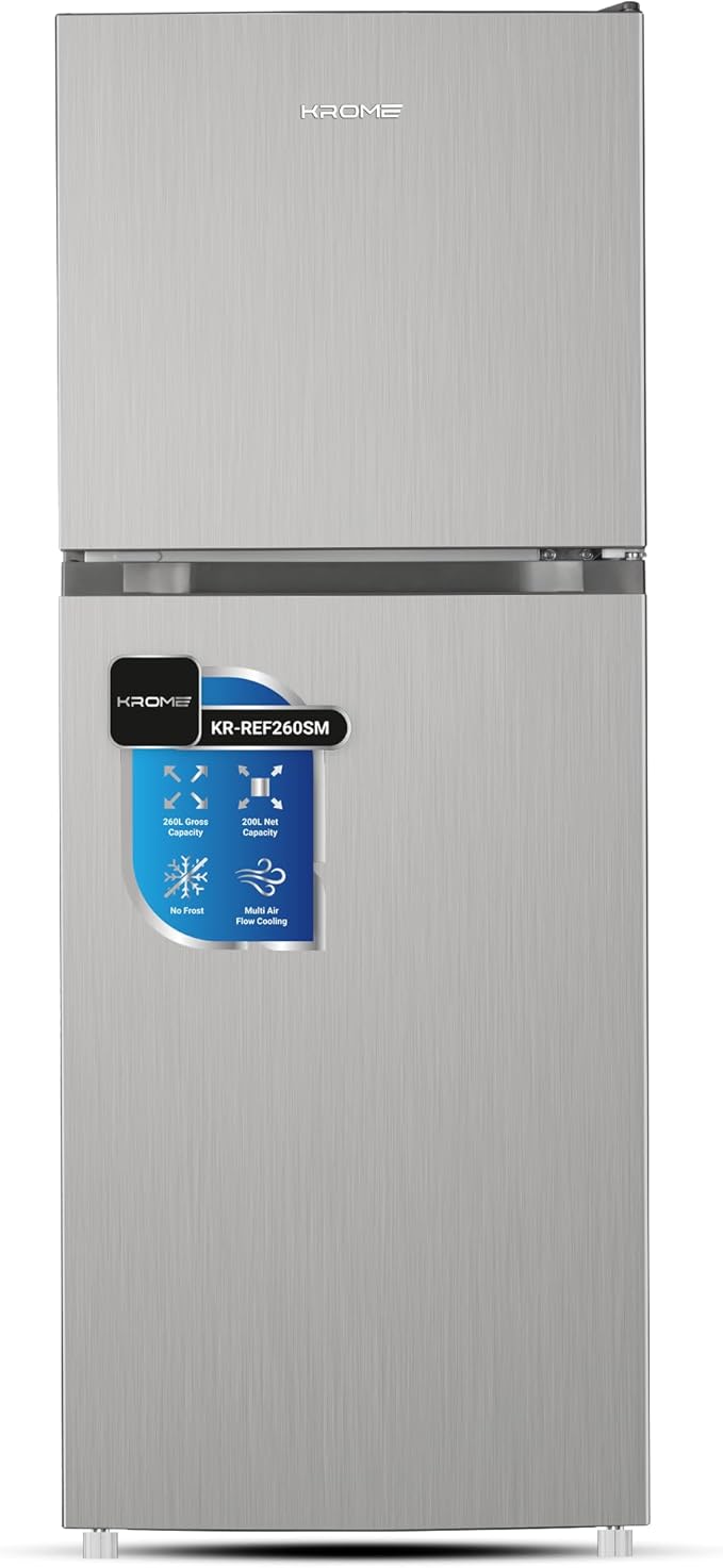 Krome 260L Double Door No Frost Inverter Refrigerator Silver – KR-RFF260SM | UAE