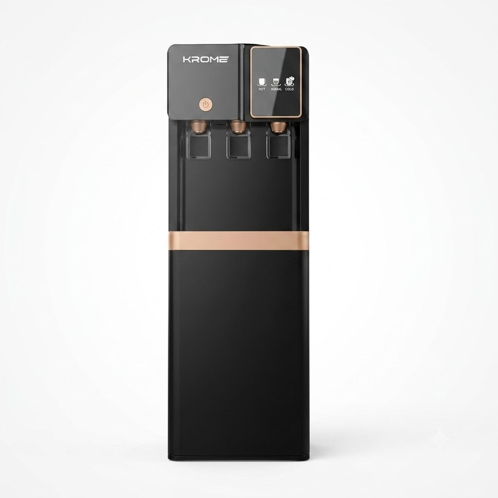 Krome KR-WTL3TGB Top Loading Water Dispenser – Hot, Cold & Normal Water | Black & Gold | Storage Cabinet