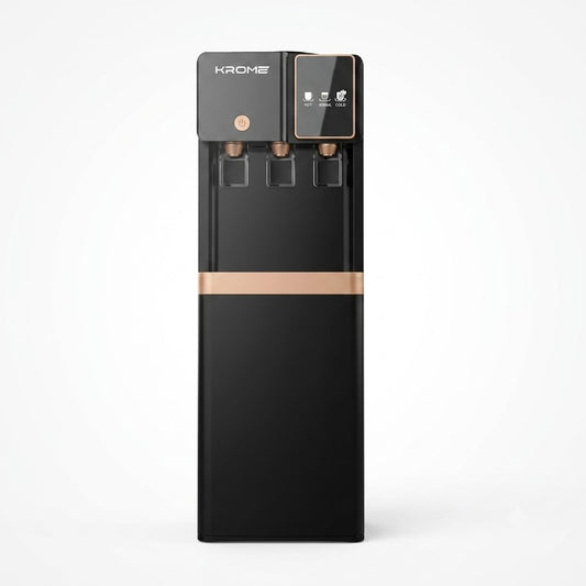 Krome KR-WTL3TGB Top Loading Water Dispenser – Hot, Cold & Normal Water | Black & Gold | Storage Cabinet