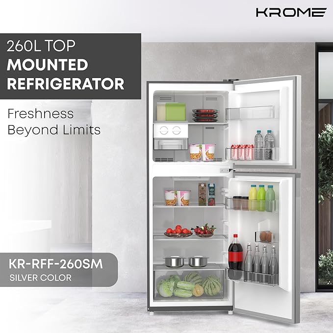 Krome 260L Double Door No Frost Inverter Refrigerator Silver – KR-RFF260SM | UAE