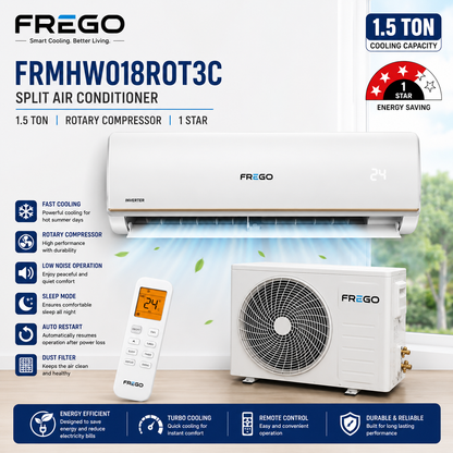 Frego FRMHW018ROT3C 1.5 Ton Split Air Conditioner | Rotary Compressor | 1 Star Energy Rating | Powerful Cooling | Heat & Cool AC