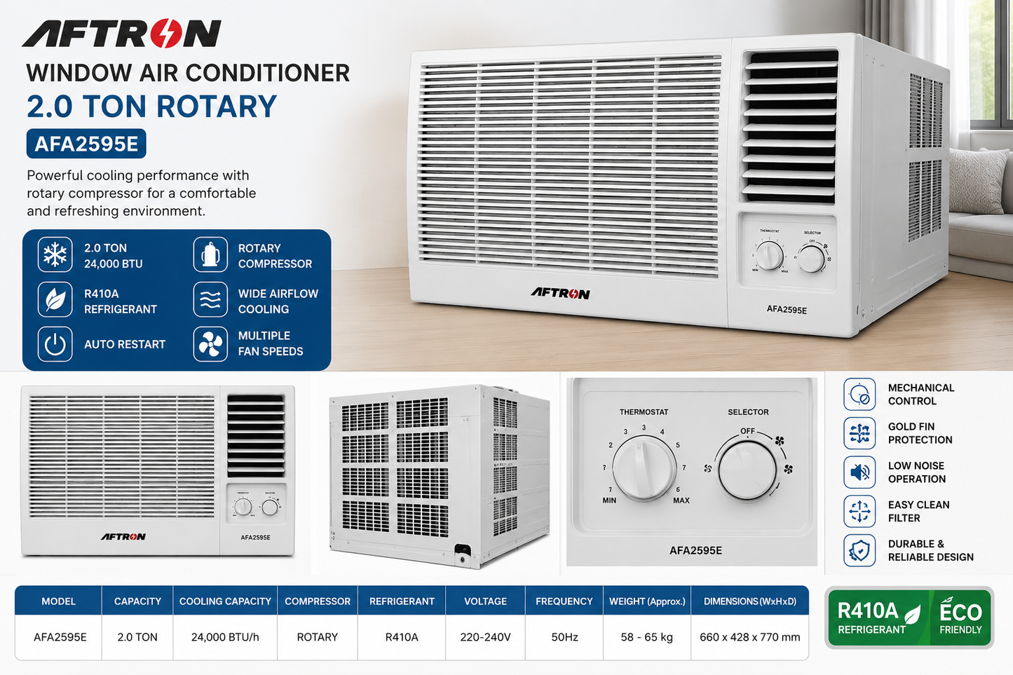 AFTRON AFA2595E Window Air Conditioner 2.0 Ton Rotary Compressor – T3 Tropical Cooling