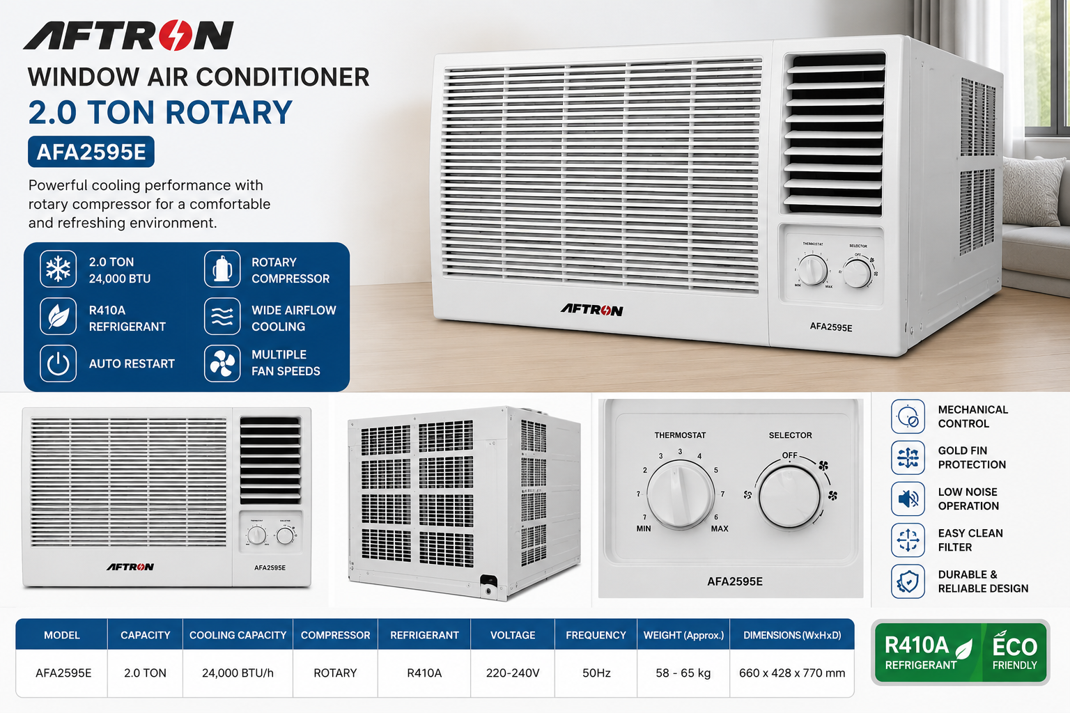 AFTRON AFA2595E Window Air Conditioner 2.0 Ton Rotary Compressor – T3 Tropical Cooling