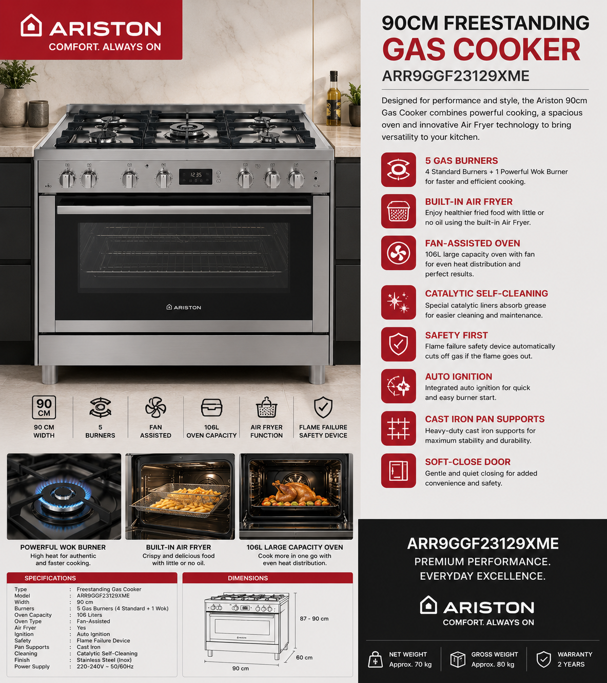 ARISTON ARR9GGF23129XME 90CM Gas Cooker with Air Fryer – Professional Cooking Performance for Modern Kitchens