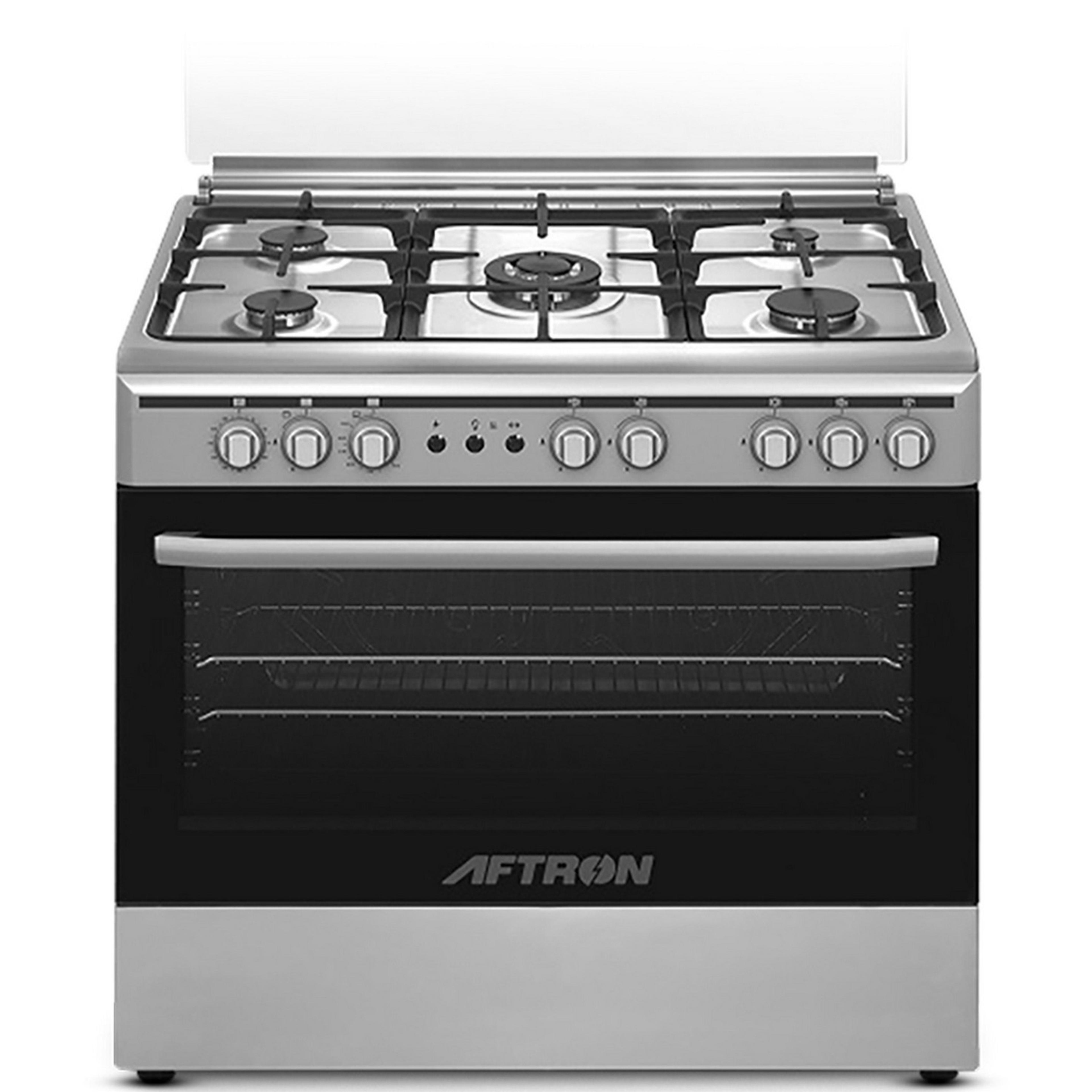 AFTRON 90x60cm Gas Cooker Silver/Black – AFGR9080BTFSD | 5 Gas Burners with Self-Ignition & Oven