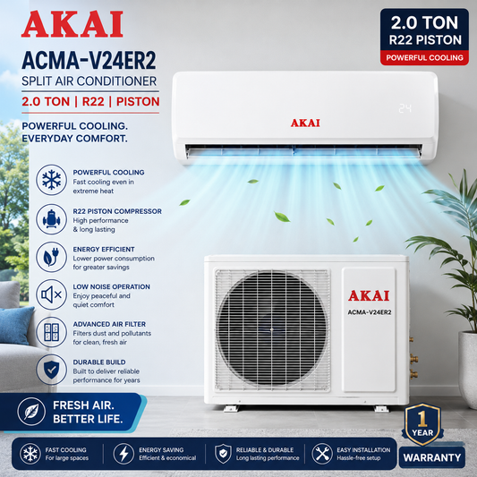 AKAI ACMA-V24ER2 2.0 Ton Split Air Conditioner – R22 Piston Compressor, Powerful Cooling Performance