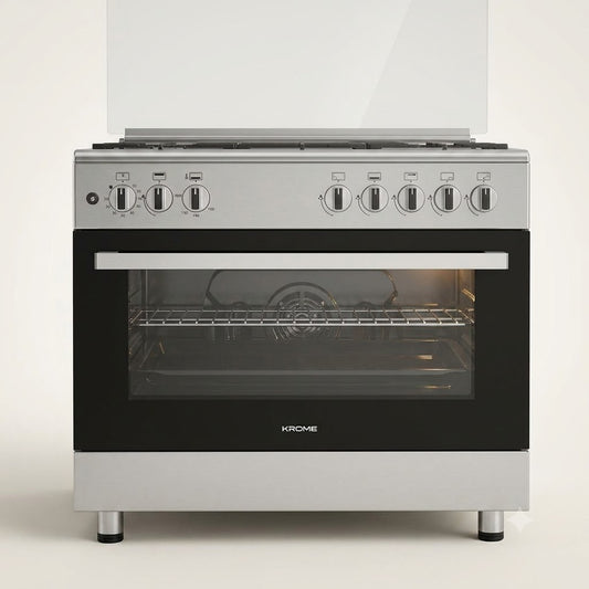 KROME Gas Cooker 90×60 KR-CR9061FE – 5 Burner Freestanding Gas Cooking Range with Turbo Fan, Rotisserie & Full Safety