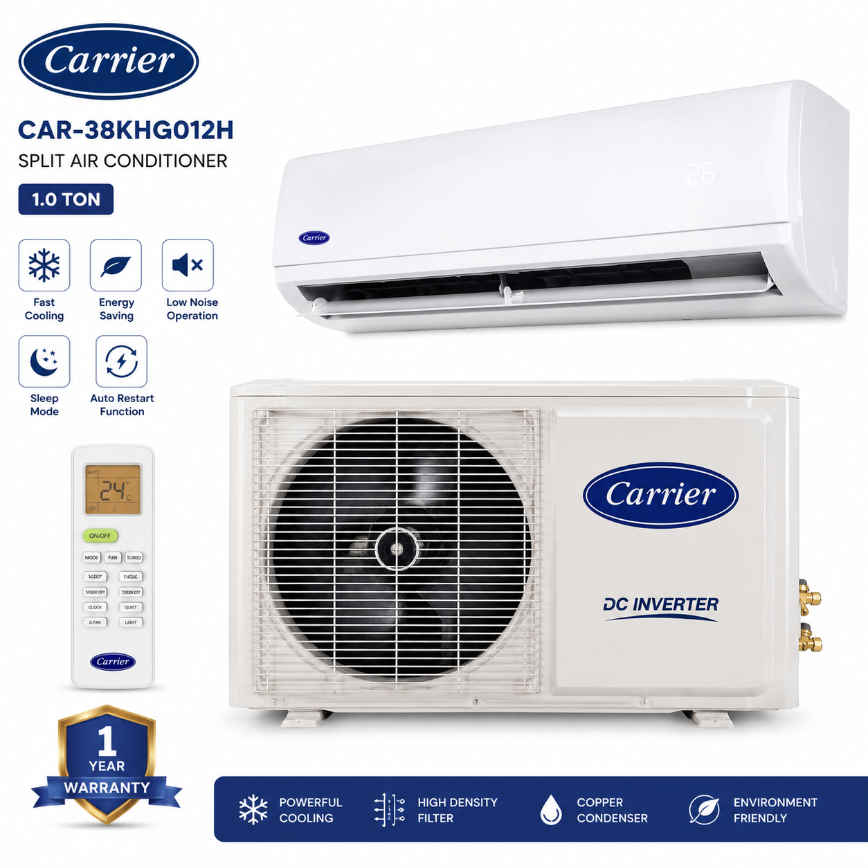 Carrier Split Air Conditioner 1.0 Ton CAR-38KHG012H Cooling Only Inverter AC