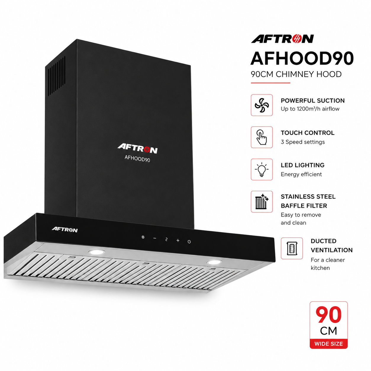 Aftron 90cm Cooker Hood AFHOOD90 | Stainless Steel | 3 Speed | LED Lighting | UAE
