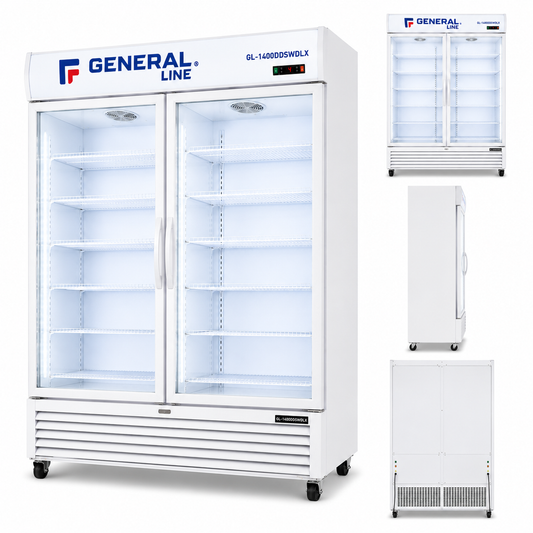 General Line GL-1400DDSWDLX Double Swing Glass Door Showcase Chiller – Commercial Display Refrigerator