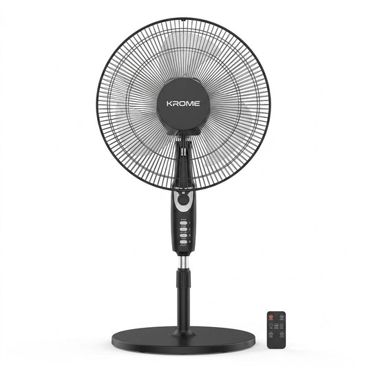 Krome KR-PF16WRC 16-Inch Stand Fan with Remote Control – High-Speed Copper Motor, 5-Blade Design & 7.5-Hour Timer