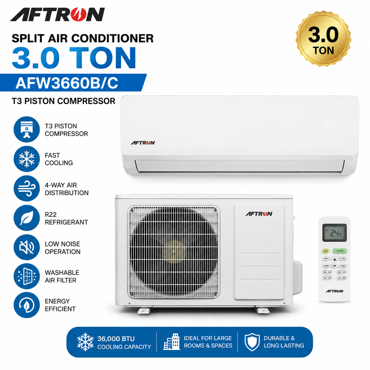 AFTRON AFW3660B/C 3 Ton Split Air Conditioner – Piston Compressor – High Performance Cooling
