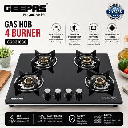 GEEPAS GGC31036 4 Burner Built-In Gas & Electric Hob | Stainless Steel | Auto Ignition | Ceramic Hot Plate