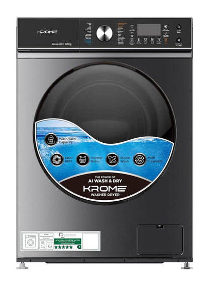 Krome KR-WD128STI 12KG Washer & 8KG Dryer Front Load Fully Automatic Washer Dryer – 1400 RPM Direct Drive Motor | Titanium Black