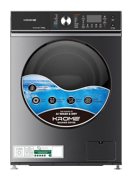 Krome KR-WD128STI 12KG Washer & 8KG Dryer Front Load Fully Automatic Washer Dryer – 1400 RPM Direct Drive Motor | Titanium Black
