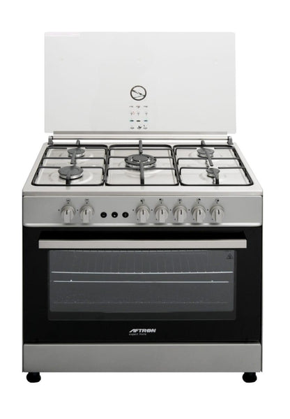 AFTRON 90x60cm Gas Cooker Silver/Black – AFGR9080BTFSD | 5 Gas Burners with Self-Ignition & Oven