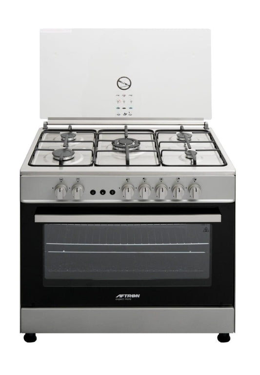 AFTRON 90x60cm Gas Cooker Silver/Black – AFGR9080BTFSD | 5 Gas Burners with Self-Ignition & Oven