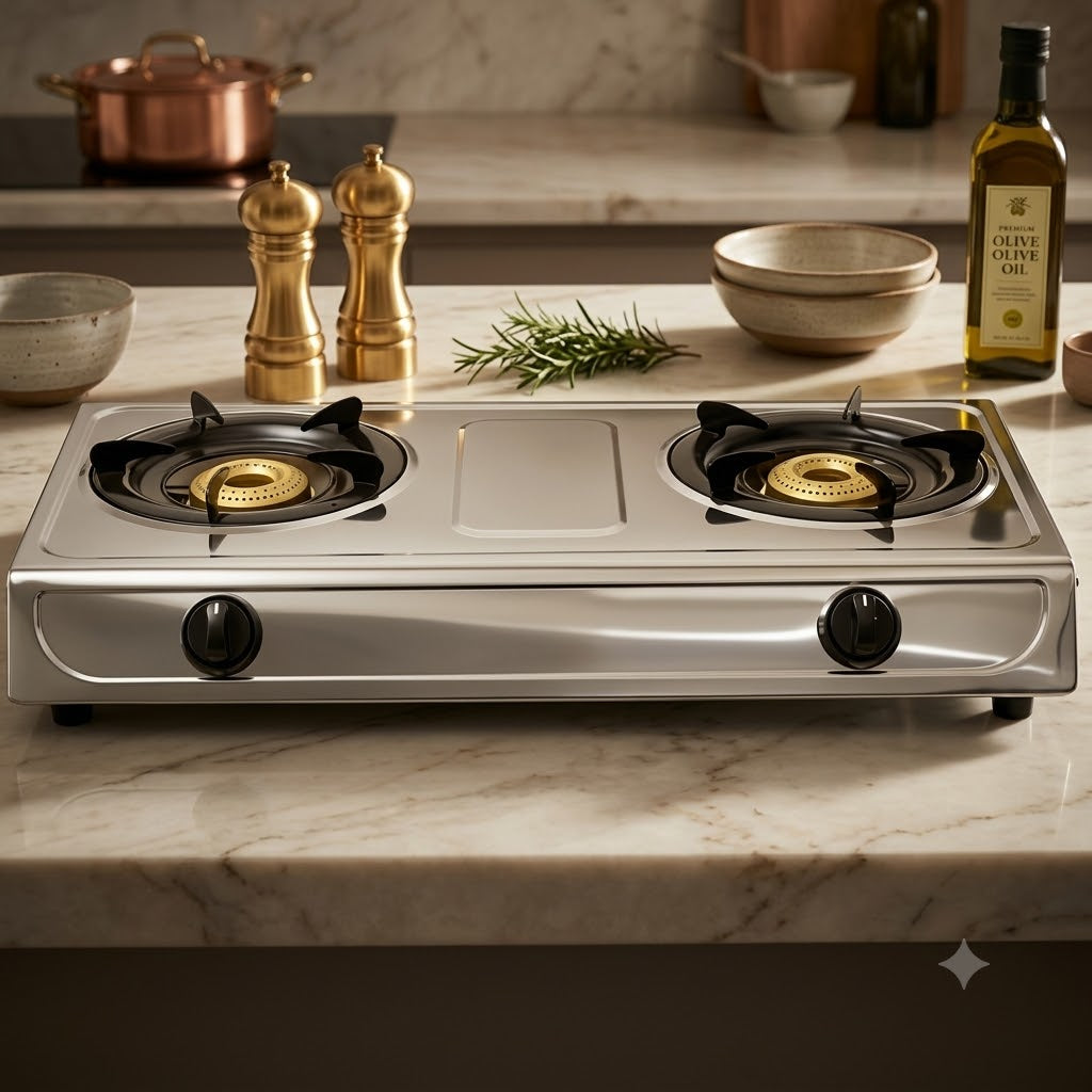 SPJ Gas Stove 2 Burner TTSSX2002 | Stainless Steel | Auto Ignition | Compact Table Top Cooker