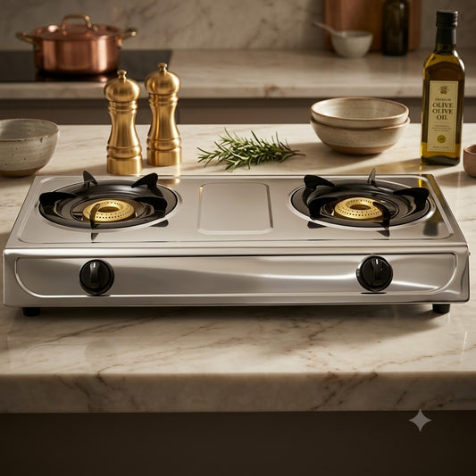 SPJ Gas Stove 2 Burner TTSSX2002 | Stainless Steel | Auto Ignition | Compact Table Top Cooker