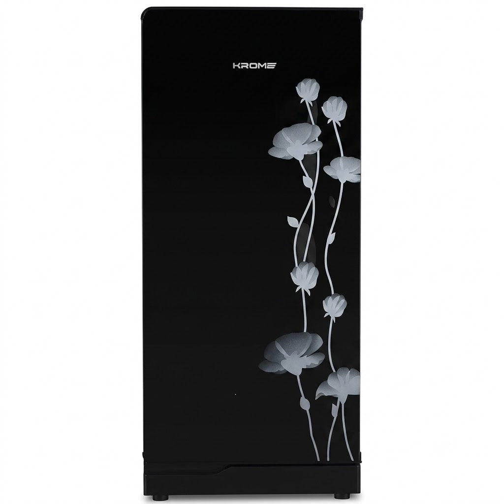 KROME Glass Door Refrigerator KR-RFD220GG – 220L Gross / 165L Net Single Door Refrigerator | Premium Black Glass Finish